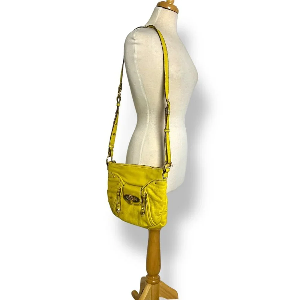 Oryany Bright Yellow Leather Shoulder Bag Purse Turq Lining Gold Hardware